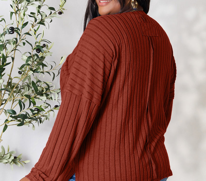 Basic Bae Full Size Ribbed Round Neck Slit Knit Top