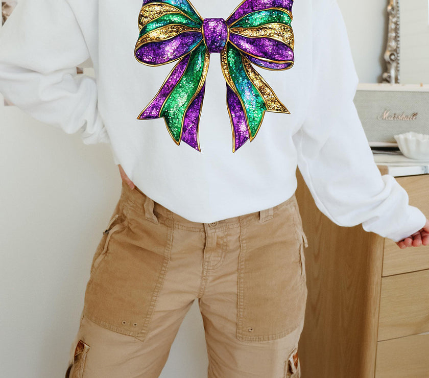 White Mardi Gras Bow Graphic Drop Shoulder Sweatshirt
