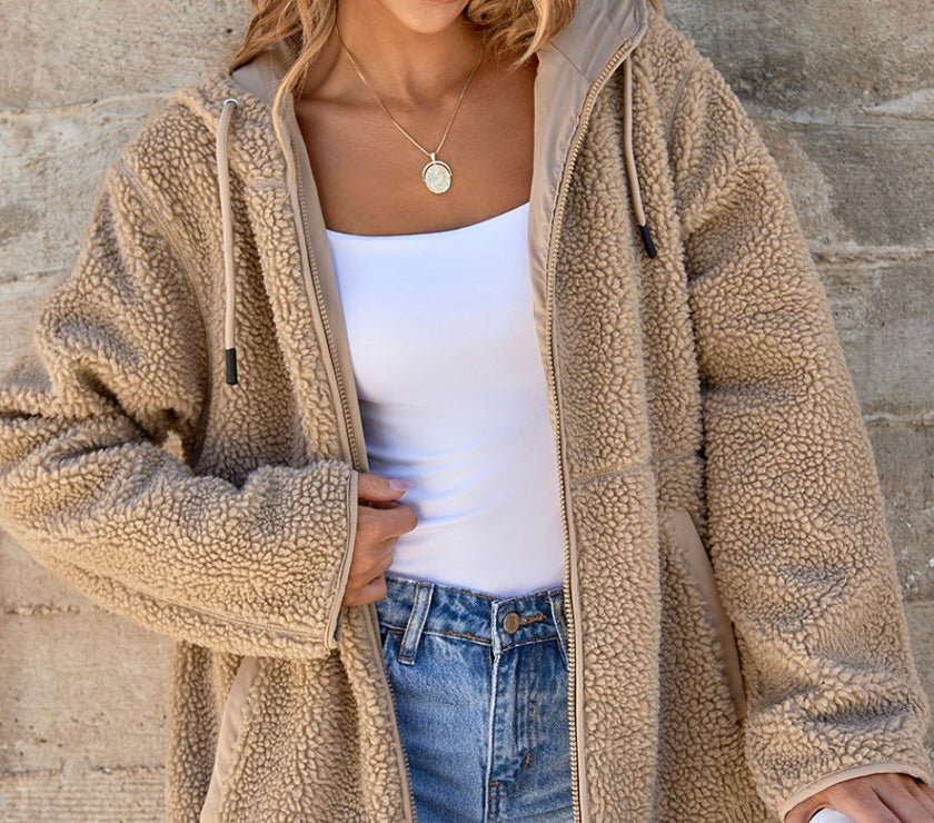 Drawstring Fleece Zip Up Hooded Jacket