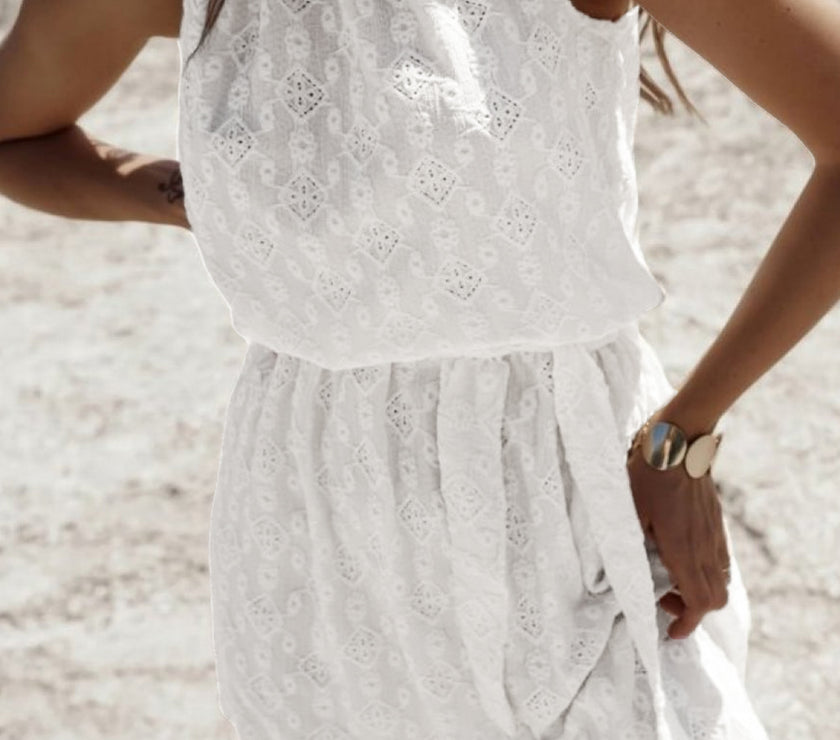White Lace Sleeveless Knot Hollow Out Back Tied Waist Mini Dress