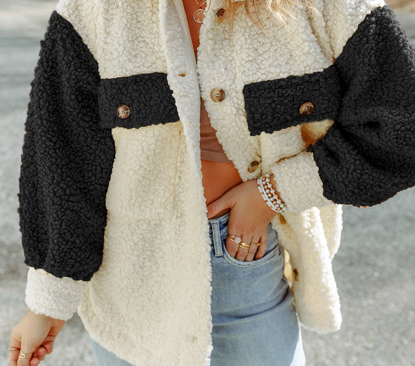 Color Block Collared Neck Sherpa Jacket