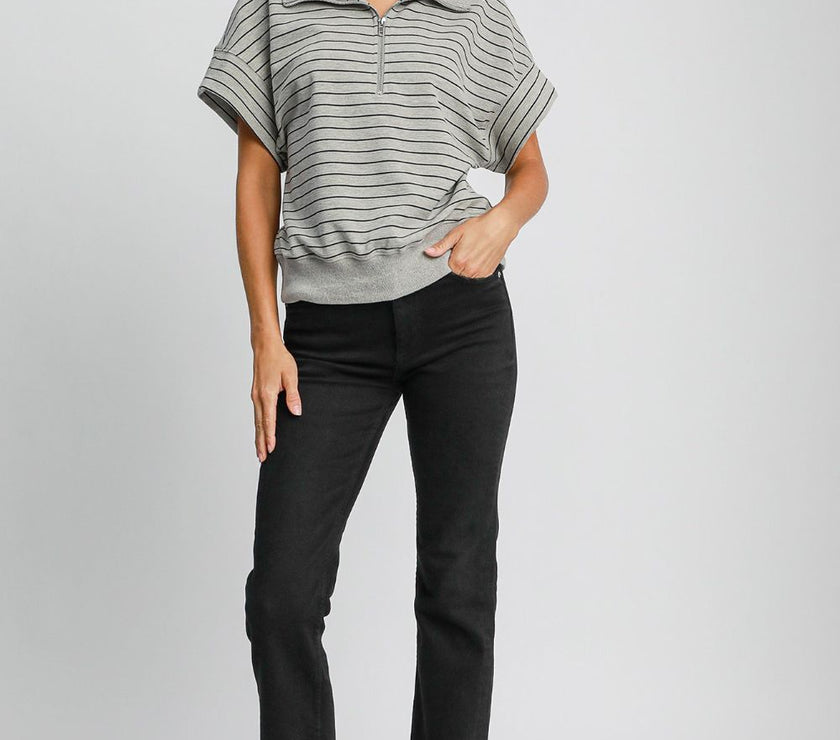 Umgee Striped Half Zip Short Sleeve Sweatshirt