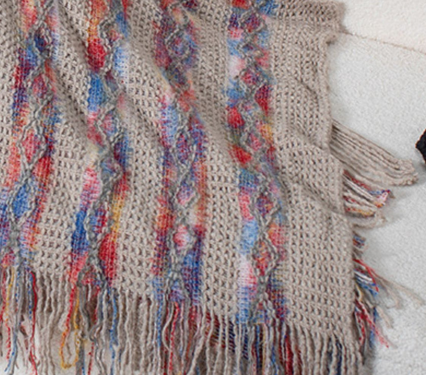 Fringe Contrast Hooded Poncho