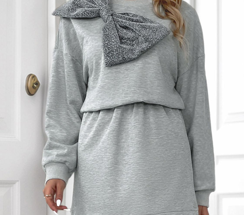 Perfee Bow Dropped Shoulder Long Sleeve Mini Dress