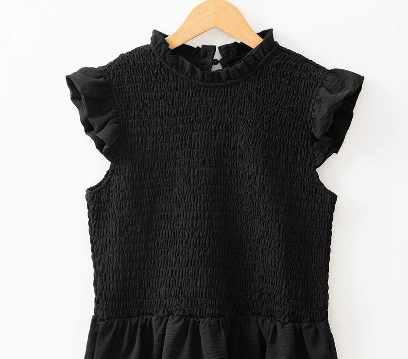 Black Ruffle Short Sleeve Shirred Peplum Top