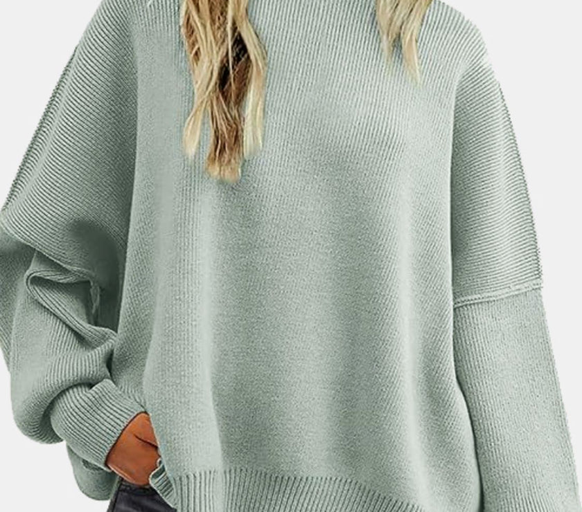 Round Neck Drop Shoulder Slit Sweater