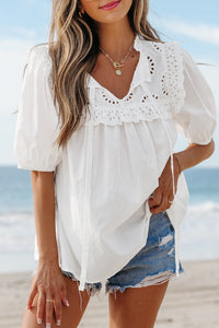 White Embroidered Lace Patchwork Tie Neck Puff Short Sleeve Blouse