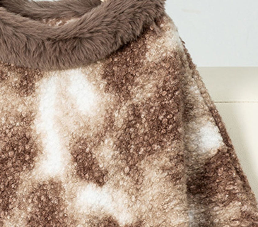Furry Contrast Three-Quarter Poncho