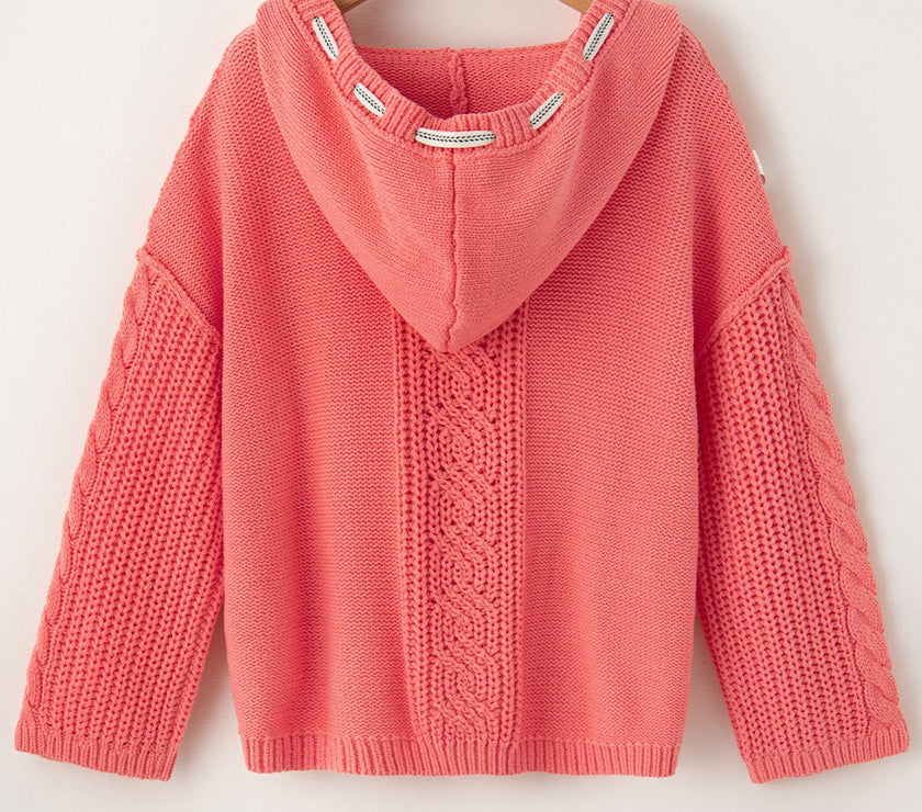 Drawstring Cable-Knit Hooded Sweater