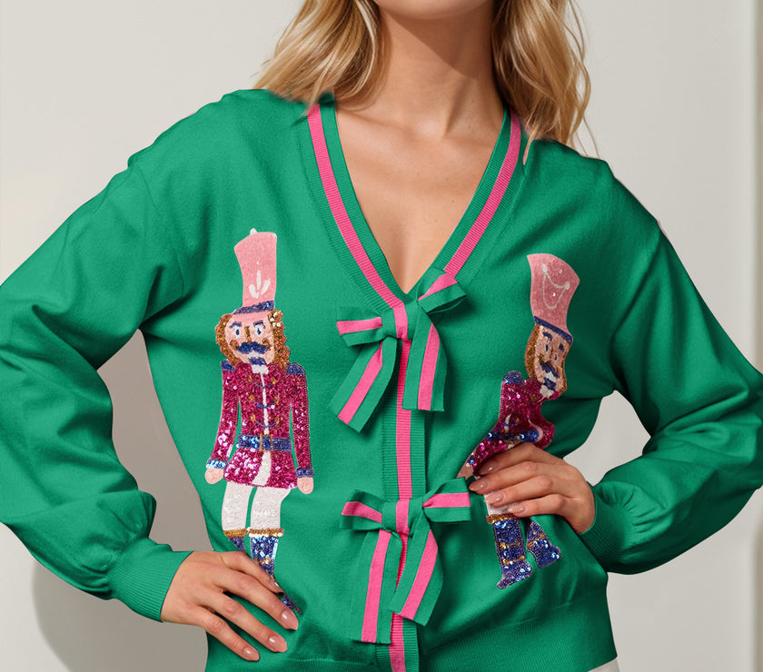 Double Take Full Size Nutcracker Sequin Bow Decor Cardigan