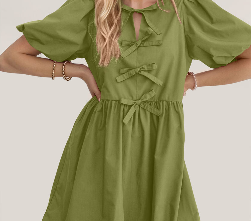 Oh Bow Ruched Puff Sleeve Mini Dress