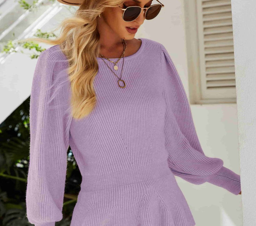 Ribbed Round Neck Lantern Sleeve Sweater