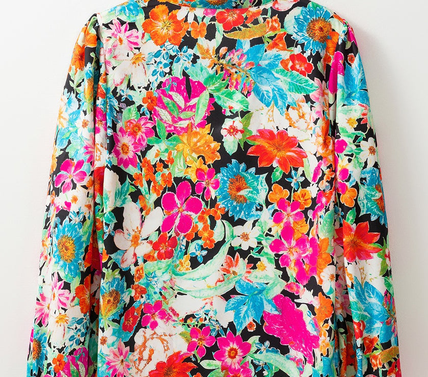 Floral Tie Neck Balloon Sleeve Blouse