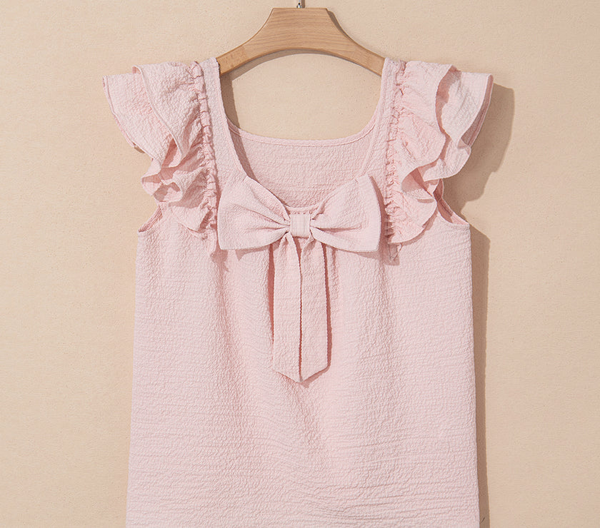 Gossamer Pink Textured Bow Knot Frilled Butterfly Sleeve Blouse