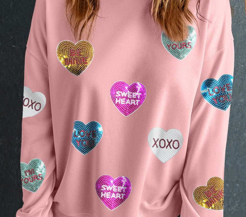 Valentine’s Day Sequin Heart Round Neck Long Sleeve Sweatshirt
