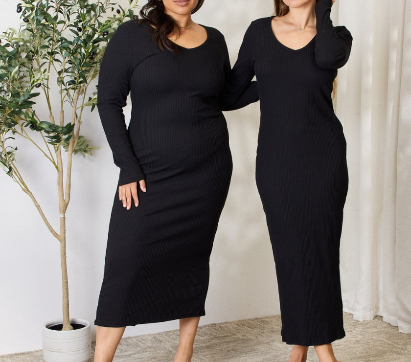 Culture Code Full Size Ribbed Long Sleeve Midi Slit Dress
