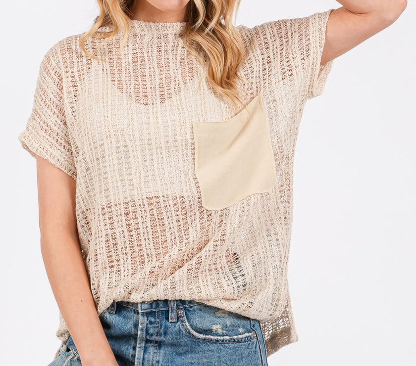 Ces Femme See Through Crochet Mock Neck Cover Up