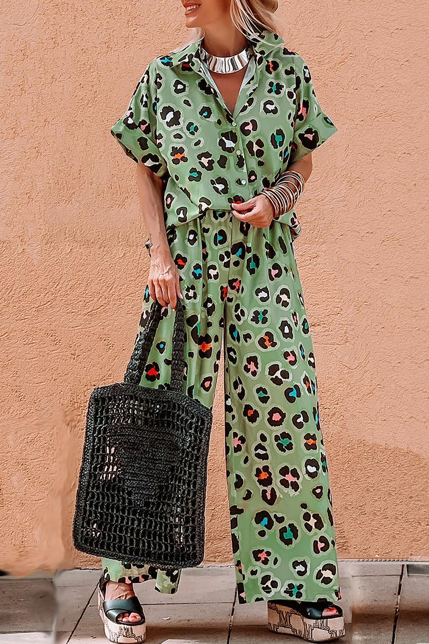 Green Leopard Print Short Sleeve Shirt and Wide Leg Pants Set