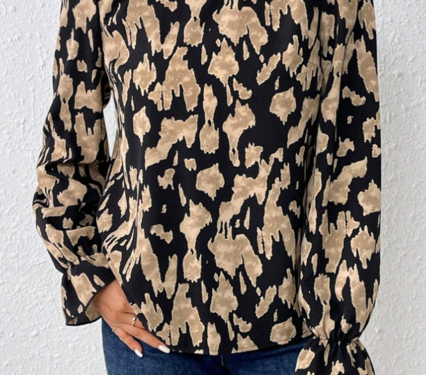 Frill Leopard Mock Neck Flounce Sleeve Blouse