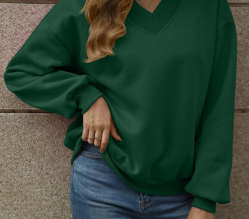 V-Neck Long Sleeve Dropped Shoulder Sweatshirt