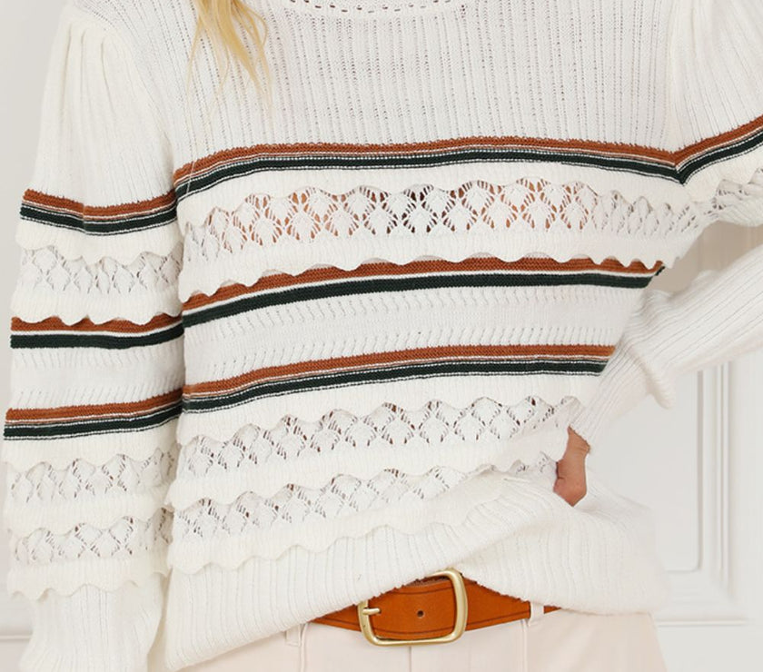 Striped Hollow Out Round Neck Long Sleeve Sweater