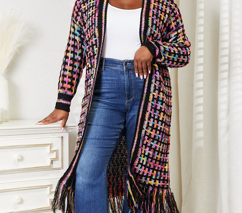 Angel Wings Full Size Multicolored Open Front Fringe Hem Cardigan