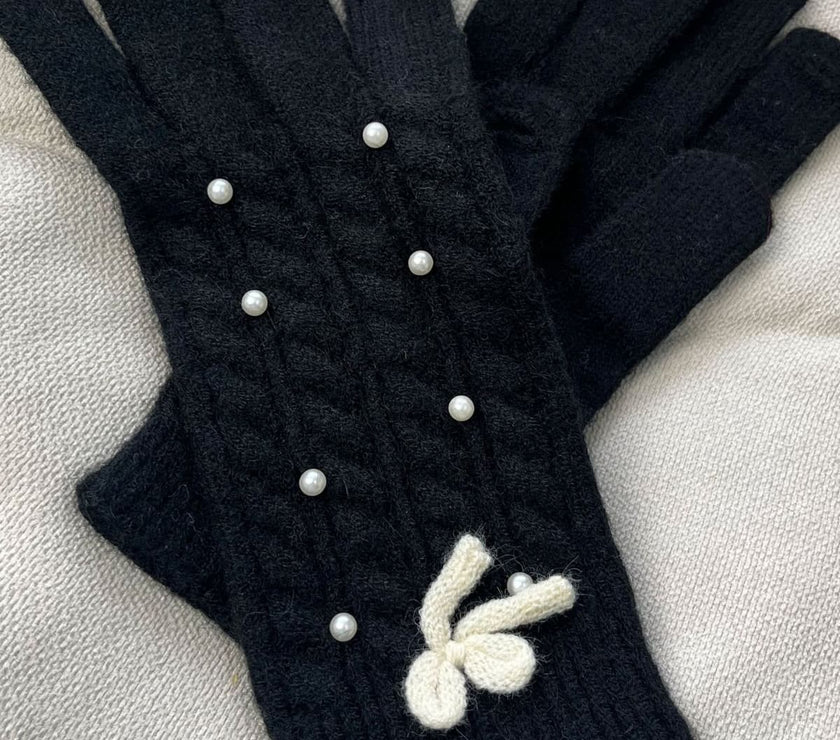 Thermal Pearl Detail Bow Five-Finger Gloves