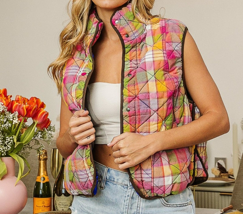 BiBi Quilted Washed Plaid Snap Down Vest