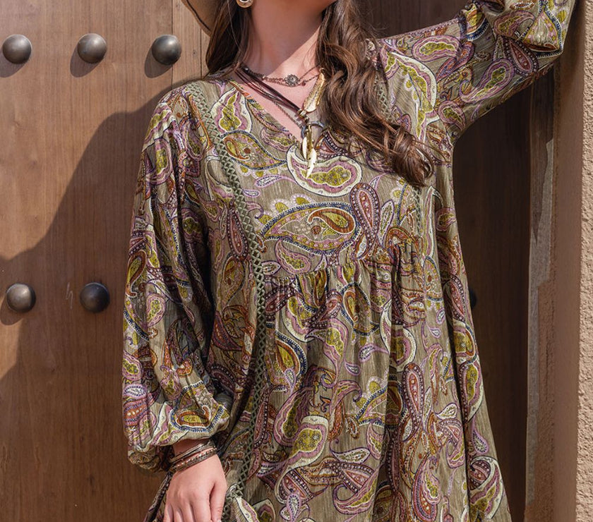 Plus Size Printed V-Neck Long Sleeve Midi Dress