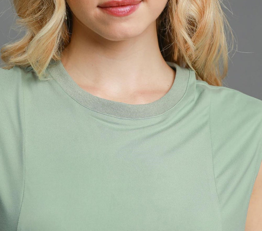 Umgee Round Neck Sleeveless High-Low Curved Hemline Mini Dress