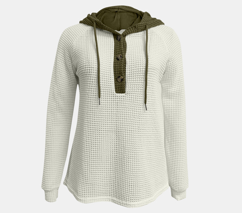 Full Size Waffle-Knit Contrast Long Sleeve Hoodie