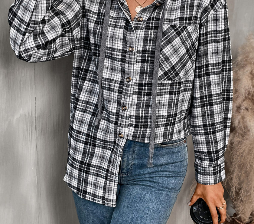 Plaid Long Sleeve Hooded Jacket