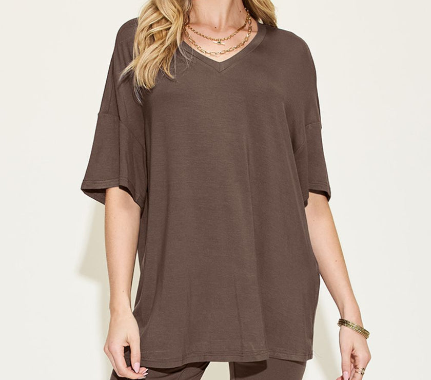 Basic Bae Full Size V-Neck Drop Shoulder T-Shirt and Shorts Set