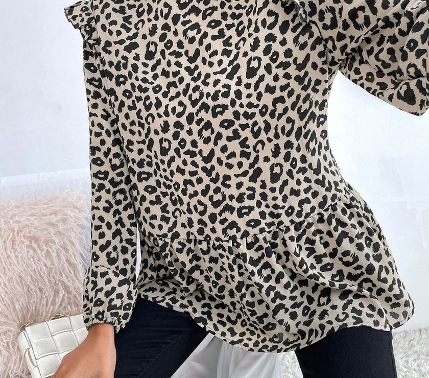 Ruffled Leopard Mock Neck Long Sleeve Blouse