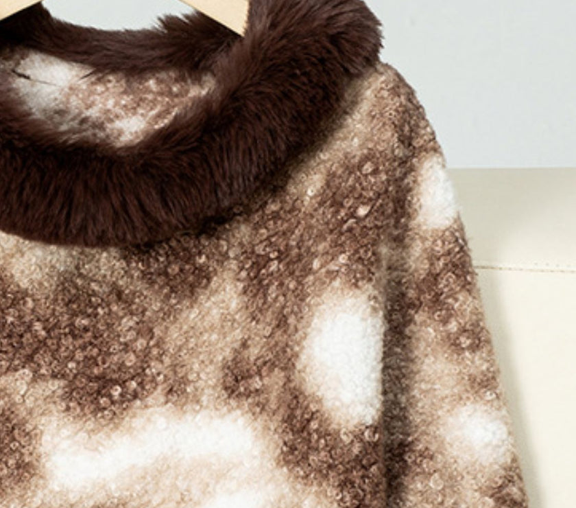 Furry Contrast Three-Quarter Poncho