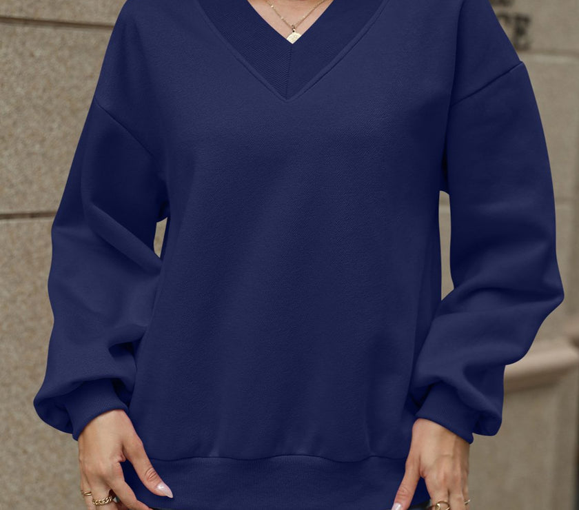 V-Neck Long Sleeve Dropped Shoulder Sweatshirt