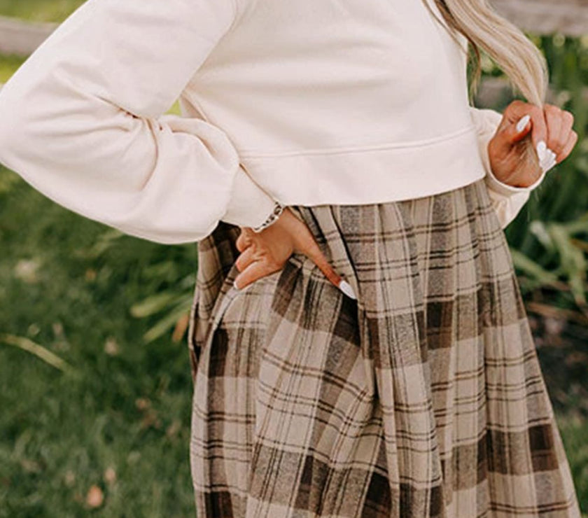 Plaid Round Neck Long Sleeve Mini Dress