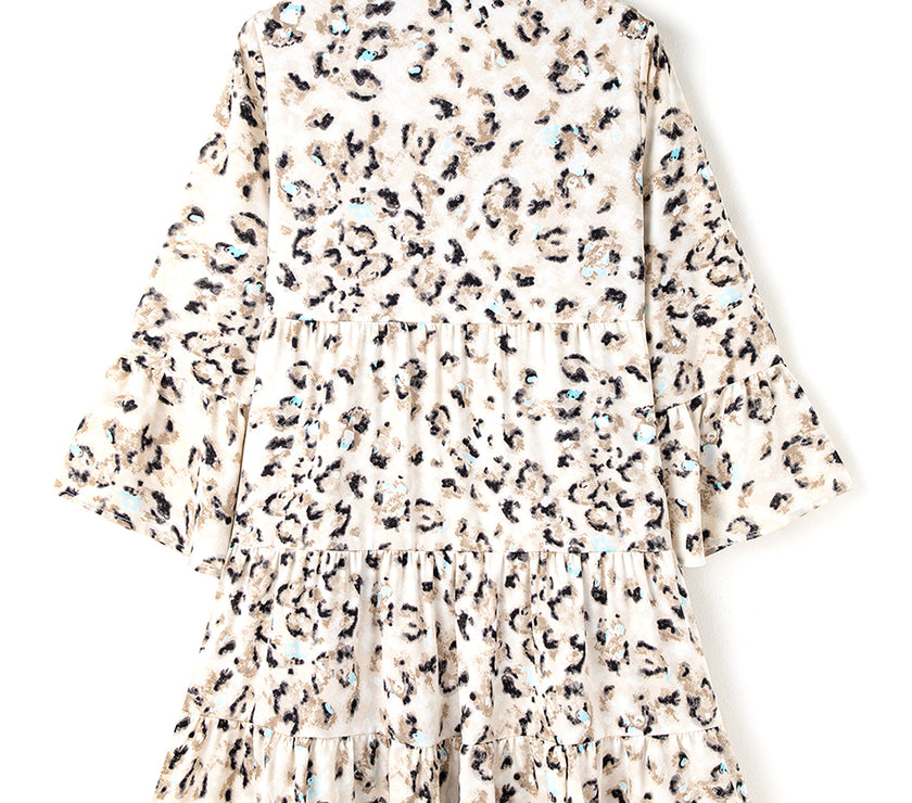 Khaki Leopard Print Buttoned Front 3/4 Sleeve Tiered Ruffled Hem Dress