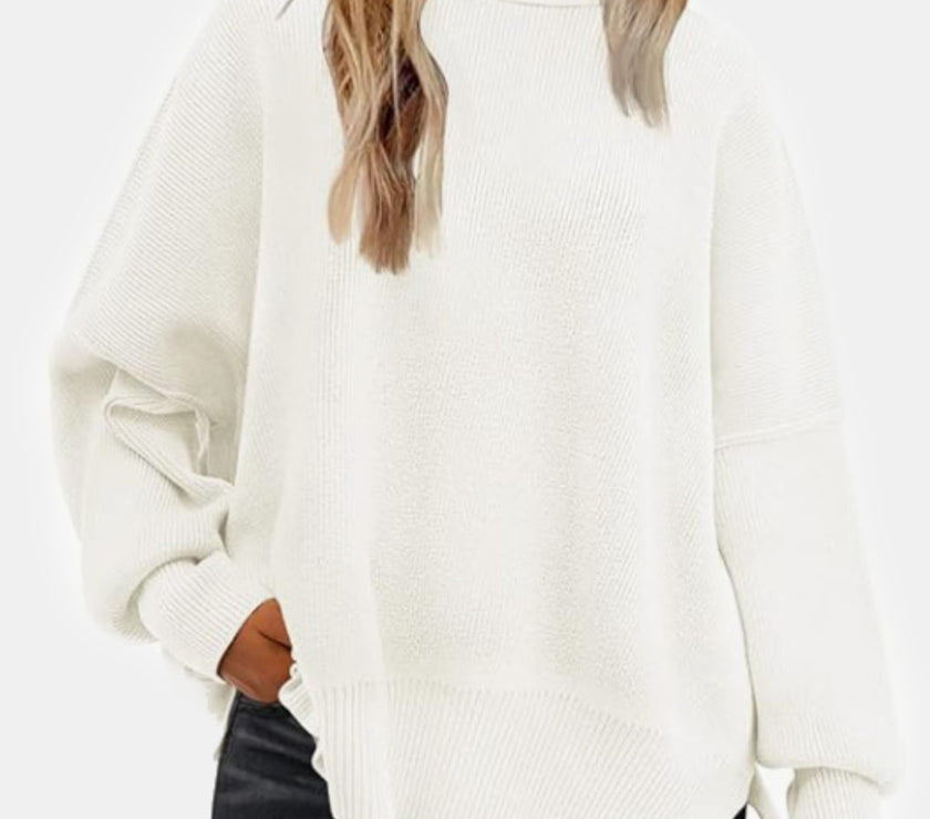 Round Neck Drop Shoulder Slit Sweater