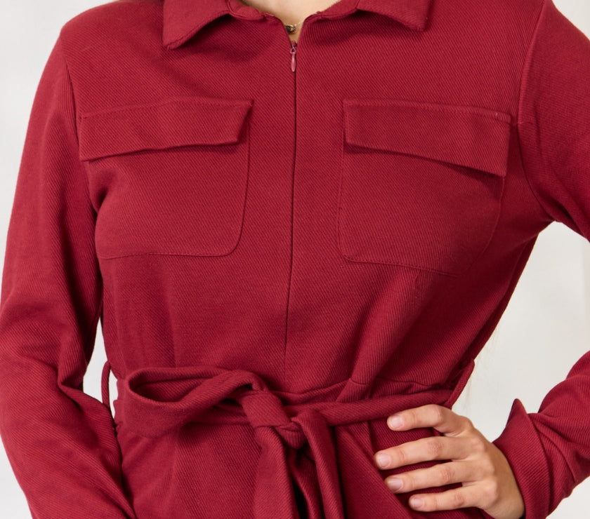 Culture Code Full Size Tie Front Half Zip Long Sleeve Shirt Dress