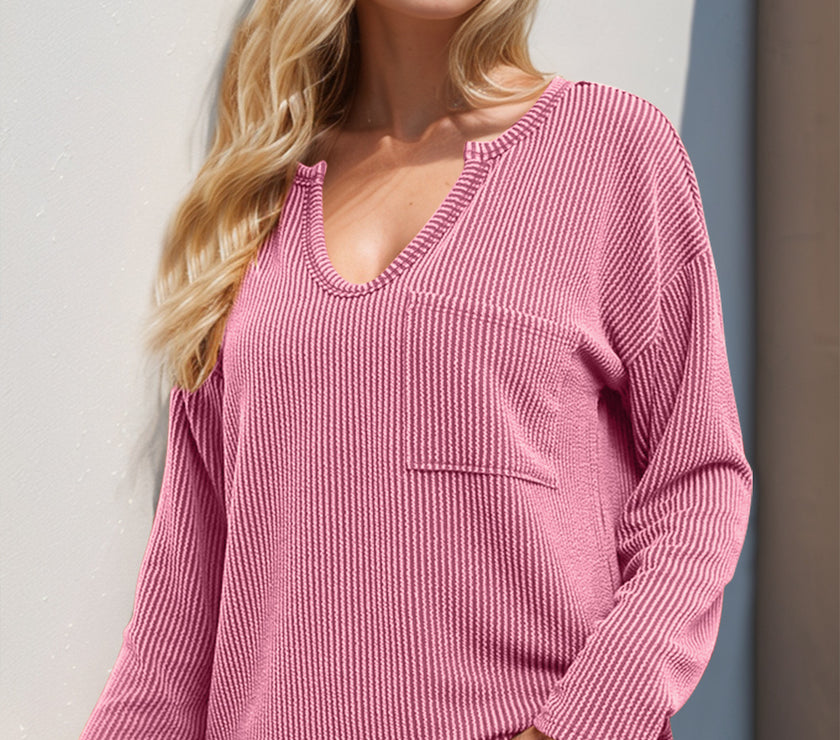 Double Take Striped Notched Long Sleeve T-Shirt