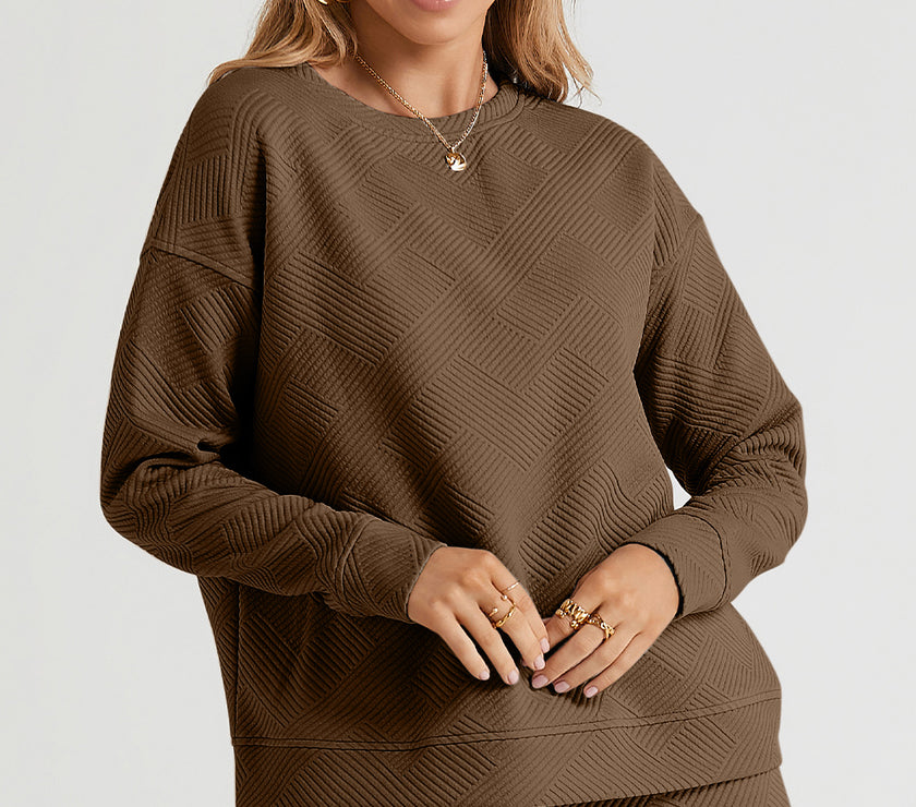 Double Take Full Size Texture Long Sleeve Top and Drawstring Shorts Set