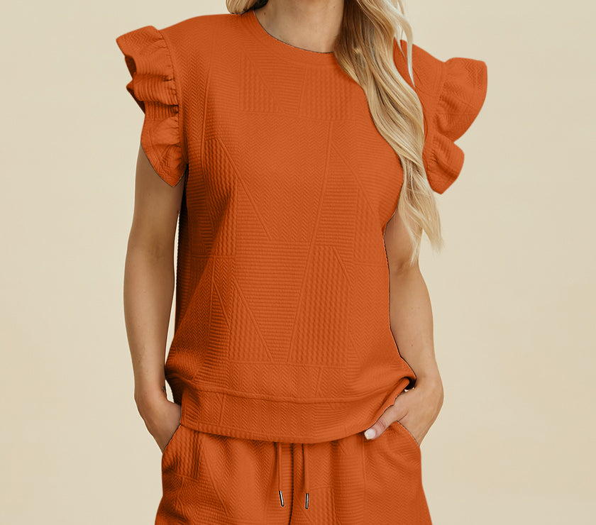Double Take Full Size Texture Round Neck Ruffle Sleeve Top and Shorts Set