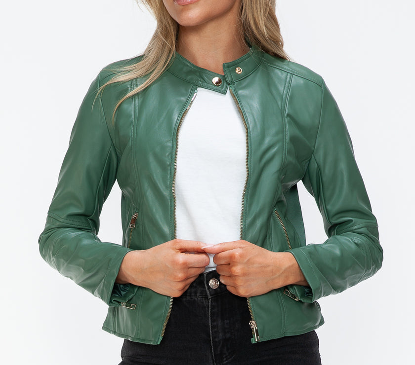 Snobbish Faux Leather Zip Up Drawstring Hooded Jacket