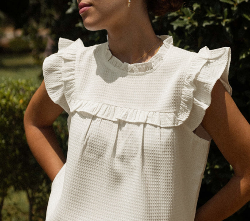 White Solid Color Ruffle Trim Waffle Knit Blouse