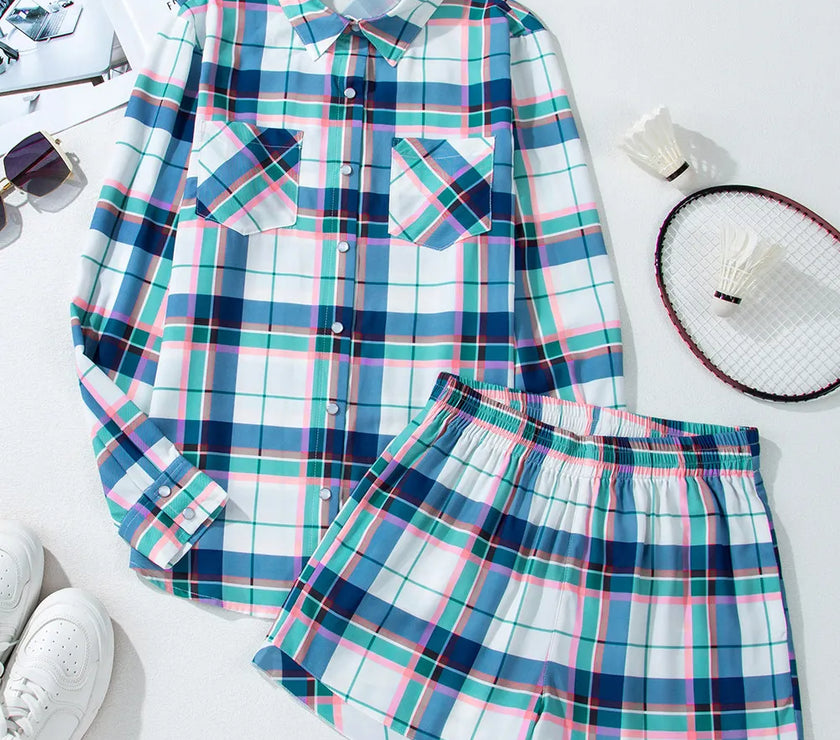 Plaid Snap Down Long Sleeve Top and Shorts Lounge Set