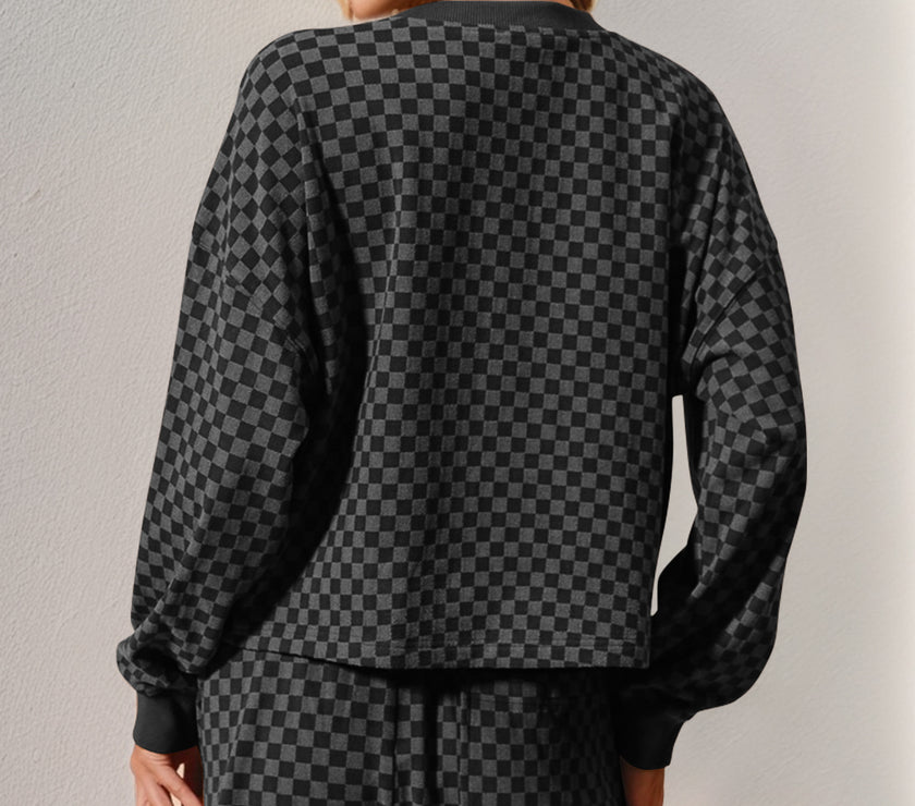 Double Take Checkered Half Button Top and Shorts Set