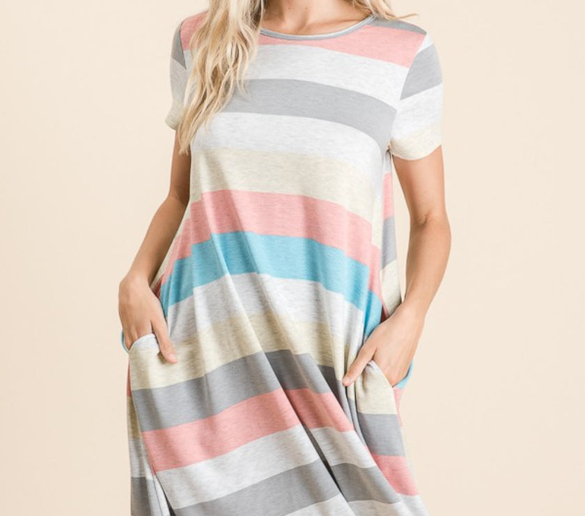 BOMBOM Striped Short Sleeve Dress with Pockets