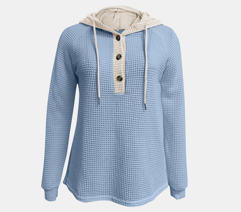 Full Size Waffle-Knit Contrast Long Sleeve Hoodie