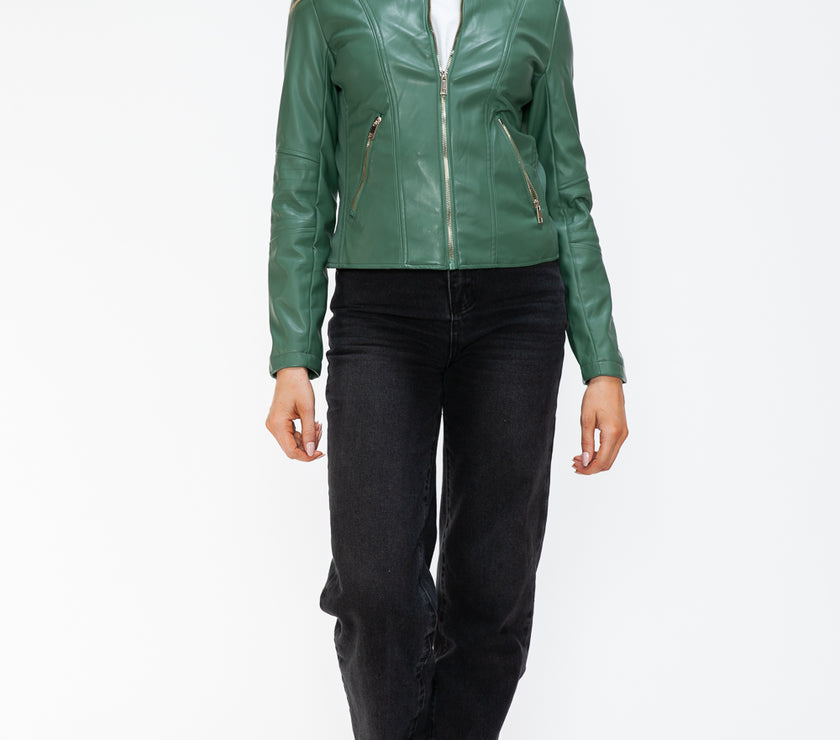 Snobbish Faux Leather Zip Up Drawstring Hooded Jacket